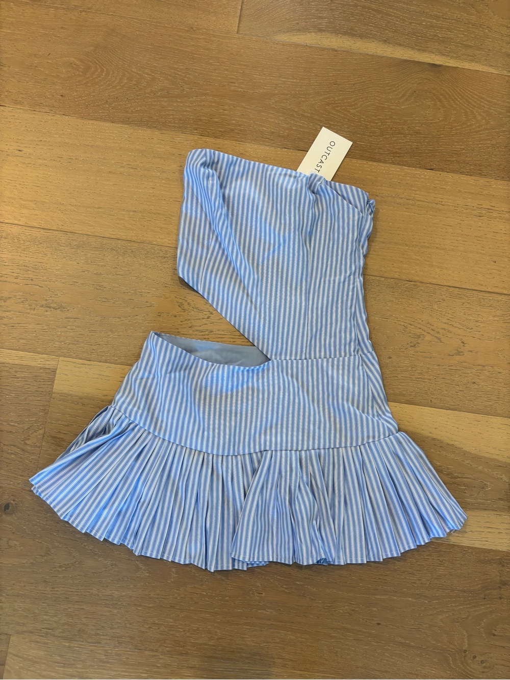 Outcast Elija Mini Dress Blue Stripe XS NWT Strapless Cutout Pleated - Picture 7 of 12